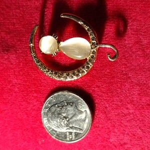 Gold plated w/mini rhinestones and pink stones, Cat on the moon pendant